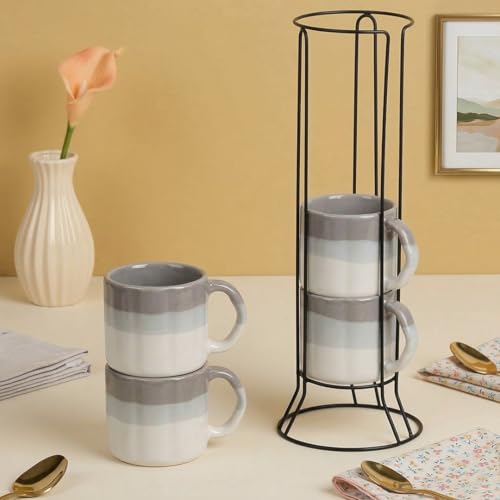 Image of The Earth Store Metallic Grey Frontier Premium Ceramic Tea Cup Set of 4, 200 ML | Microwave and Dishwasher Safe Space Saver Tea Cup with Stand | Coffee Cups for Gifting & Office Use, Every Occasion