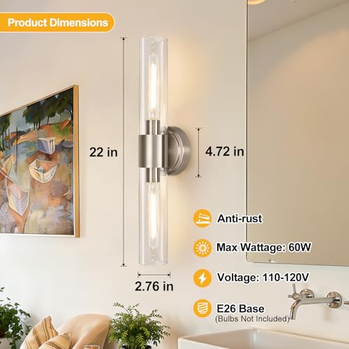 Image of Wall Sconces Set of Two, Brushed Nickel Bathroom Sconces Wall Lighting with Clear Glass, Hardwired Modern Sconces Wall Decor Set of 2 for Bathroom Mirror Bedroom Living Room Hallway