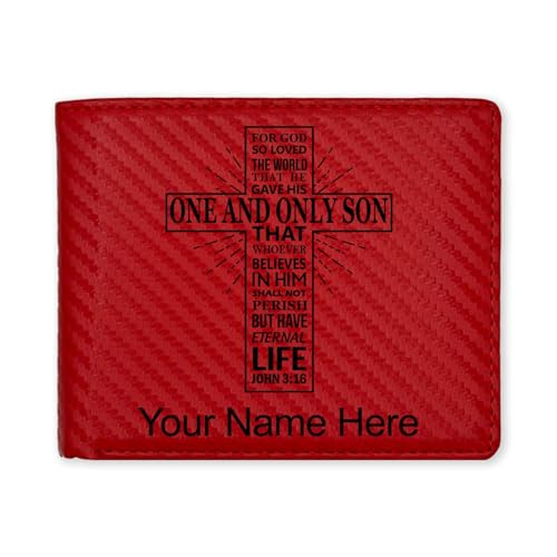 LaserGram Faux Leather Bi-Fold Wallet, Bible Verse John 3-16, Personalized Engraving Included (Carbon Fiber Red)