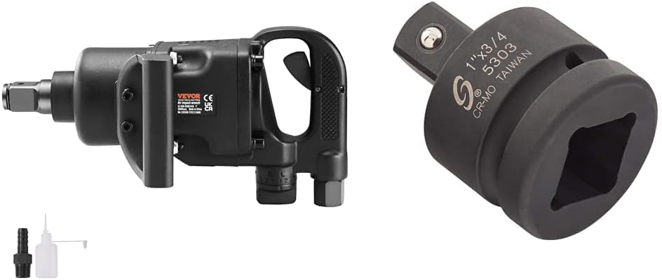 VEVOR 1 Inch Air Impact Wrench, Up to 2730 ft-lbs Reverse Torque Output 1" Pneumatic Impact Gun & SUNEX TOOLS 5303, 1 Inch Drive, 1" Female x 3/4" Male Impact Adapter, Cr-Mo Steel, Ball Detent