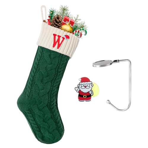 Christmas Stockings with Initials, Personalized Embroidered Monogram 18 Inches Knitted Christmas Stockings Fireplace Xmas Stockings for Kids,Family Holiday Party Decoration Green and White Letter W