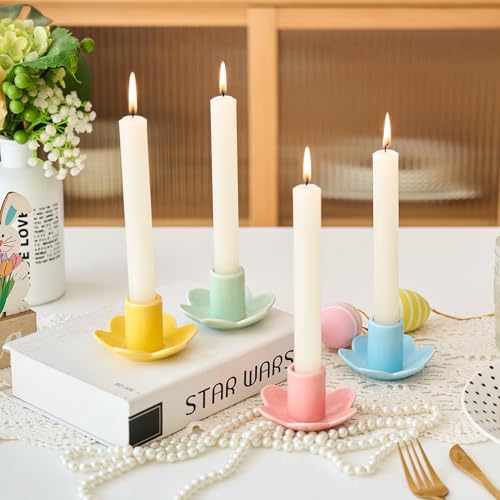 Colorful Ceramic Candlestick Holders Set of 4, Cute Easter Taper Candle Holders Chic Flower Shaped Table Centerpiece for Wedding Festive Spring Party or Home Decor (Flower Style)