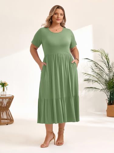 Image of LARACE Plus Size Dresses for Women Summer Casual Short Sleeve Long Dress Flowy Maxi Beach Dresses with Pockets L-6XL