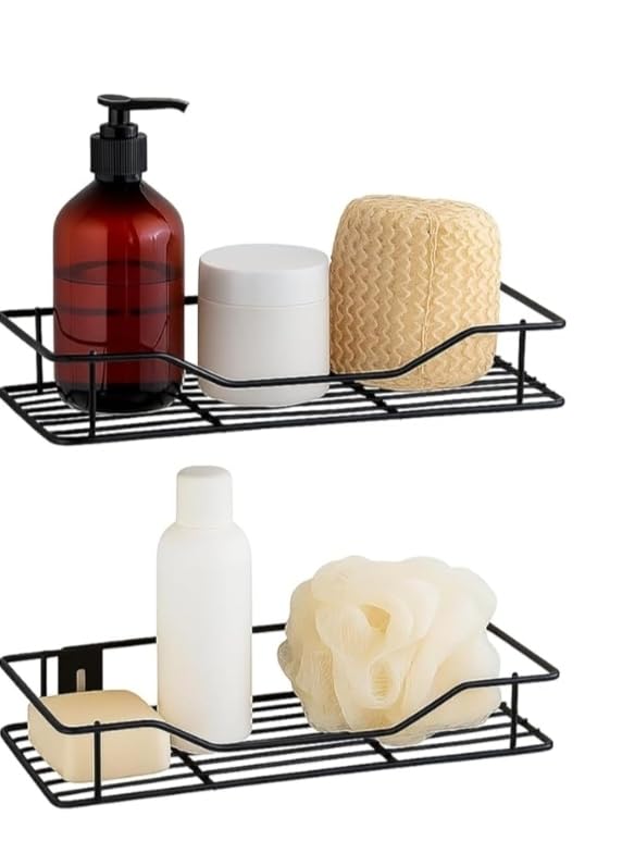 Image of Wall Mounted Storage Rack for Kitchen & Bathroom | Metal Wire Shelf Organizer for Spices, Toiletries & Accessories | Rustproof Wall Shelf | Space Saving Storage (Black) (Pack of 2)