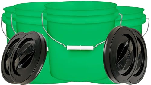 House Naturals 2 Gallon Food Grade, BPA Free, Made in USA Bucket with Screw On Lid (Pack of 4) (Green- Black Lids)