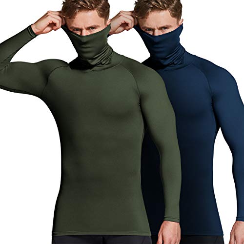 ATHLIO Men's Thermal Long Sleeve Compression Shirts, Turtle/Mock Winter Sports Base Layer, Active Running Shirt, 2pack Mock Shirts Navy/Olive, Large