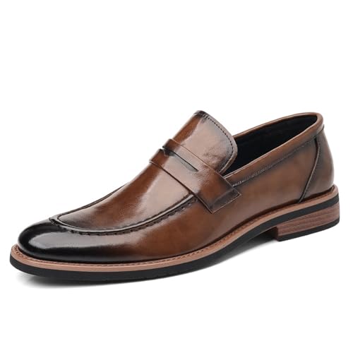 Men's Classic Leather Pointed Toe Dress Loafers Fashion Low Heels Slip-On Non-Slip Business Wedding Penny Tuxedo Shoes (Brown,8)