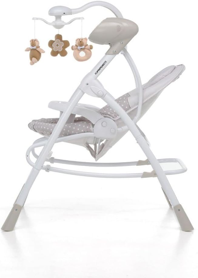 පැත්ත view of the Foppapedretti Baby Bouncer Musical Swing, showing its rocking mechanism.