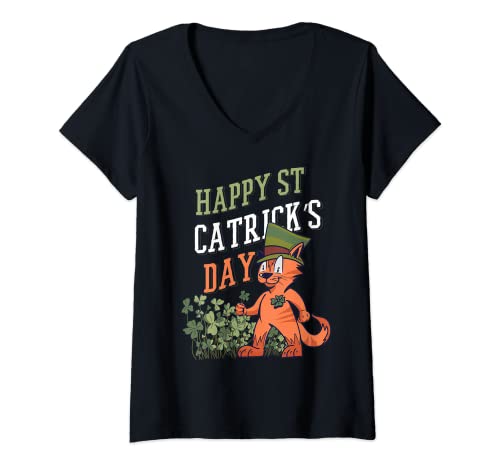 Womens Happy St Catrick's Day Funny Cat St Patricks Day Lovers Gift V-Neck T-Shirt