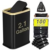 Bathroom Trash Can with Lid 8L/2.1 Gallon Black Trash Can Small Garbage Can with Swing Top Lid Slim Stainless Steel Garbage Can with 100 Counts Trash Bags for Bathroom Bedroom Kitchen Office Toilet