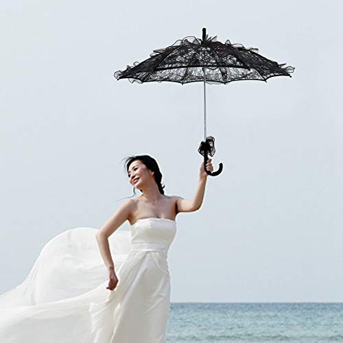 Lace Umbrella Bridal Umbrella Parasol Vintage Bridal Lace Cotton Umbrella for Wedding Parties Dancing Photography Prop (Black) - Image 3