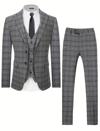 Costume 3 pièces homme plaid bleu gris pantalon veste deux boutons gilet mariage