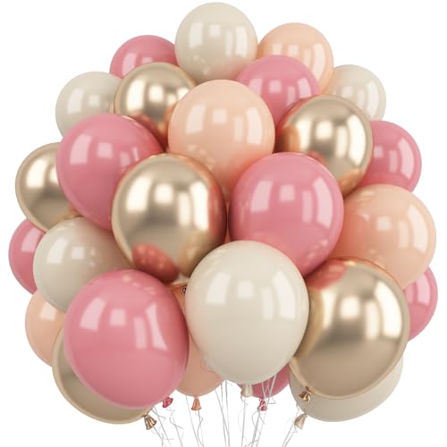 Image of Retro Pink Balloons, 12 Inch Dusty Pink Metallic Gold White Balloons, Blush Beige Neutral Nude Chrome Champagne Gold Latex Balloon for Women Boho Birthday Wedding Baby Bridal Shower Party Mothers Day