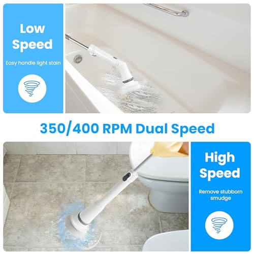 Image of Moclever Electric Spin Scrubber - Cordless, Rechargeable, 400RPM Powerful Cleaning Brush with 6 Replaceable Heads, 2-Speed Adjustment & Extendable Handle for Bathroom, Tile, and Grout