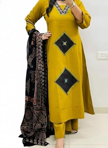 Image of BHARVITA Women's Rayon Handwork Embroidered and Printed Straight Kurta with Pant And Dupatta Sets