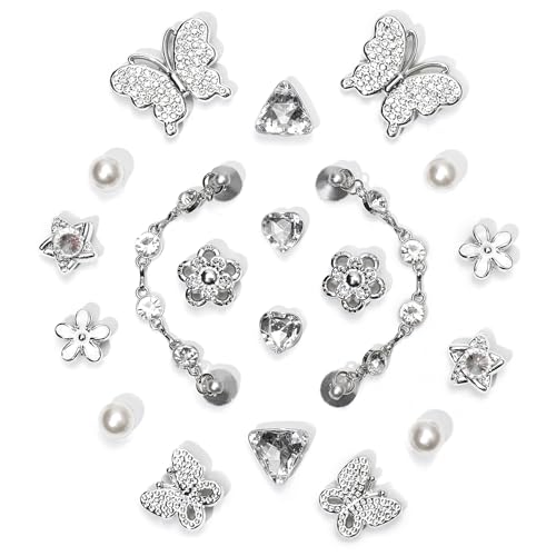 20Pcs Bling Plastic Shoe Charms for Clog Sandals Women, Silver Butterfly Flower Charms, Sparkling Rhinestones Shoe Chains, Pearl Accessories for Girls, DIY Shoe Decoration Charms for Party Favor