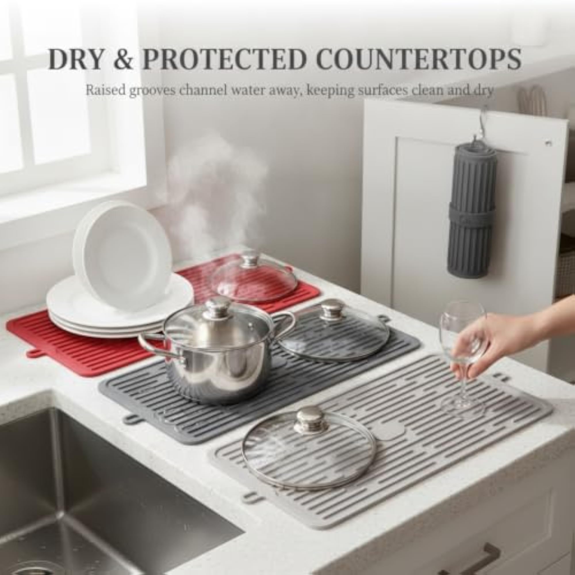 Foldable Silicone Kitchen Drainage Mat, Red