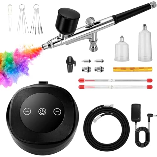 Ounfhtrttk Kit de Aerógrafo con Compresor de Aire, 48 PSI, 10 L/Min, Alta Presión, con Juegos de Limpieza de 0,3/0,5 Mm, Enchufe UE A