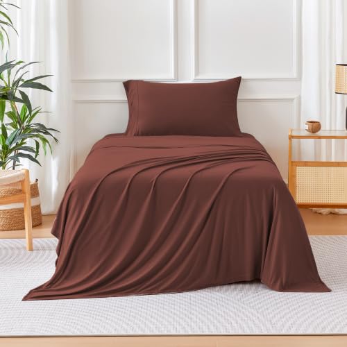 Image of Amazon Basics Jersey Knit 3-Piece Sheet Set, Wrinkle Resistant and Easy Fit, Includes 16 inch Deep Pocket Fitted Sheet, 1 Flat Sheet and 1 Pillowcase, Twin, Burgundy