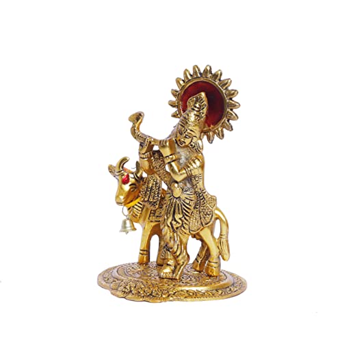 Image of KridayKraft Lord Krishna with Cow Metal Statue,Krishna Murti Playing Flute for Temple Pooja,Decor Your Home,Office & Gift Your Relatives,Showpiece Figurines,Religious Idol