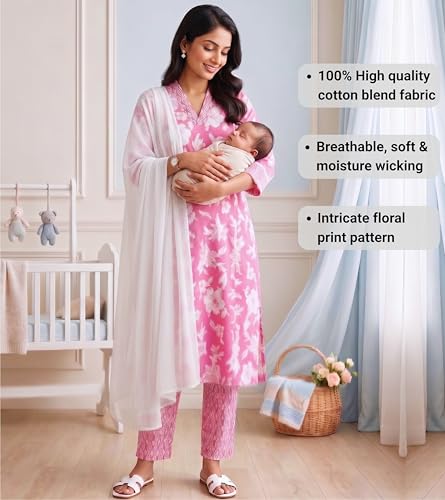 Image of DUMMY SHAPE Feeding Kurtis for Women Cotton Blend | Floral Kurta Pant Dupatta Set with Nursing Zippers to Pre & Post Partum | Maternity Dresses | Mom to Be Gifts for Pregnant Woman