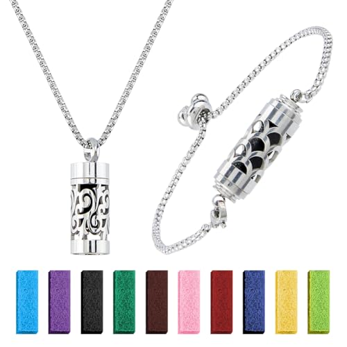 SUPERFINDINGS 2 Modèles De Collier Et Bracelet Diffuseur D’Huiles Essentielles en Acier Inoxydable avec 20 Pad Parfumés Médaillon Colonne...