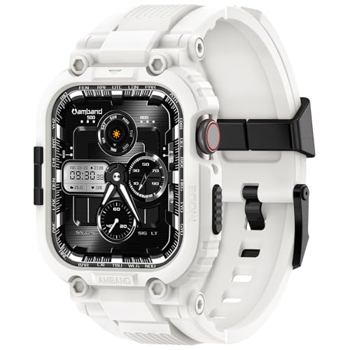 Image of amBand Bands Compatible with Apple Watch 9 /8 /7 /SE (3 /2 /1) /6 /5 /4 41mm /40mm Case Men, M1 Sport Series Rugged Case with TPU Strap Military Protective Tough Cover Bumper for iWatch 41 /40 mm 38mm - White