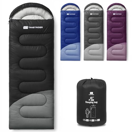 TANSTRIDER Sleeping Bag for Adults Warm Weather, Compact Lightweight Backpacking Sleeping Bag with Compression Sack, Camping Essentials Gear for Hiking Travel Climbing Outdoor & Indoor Use 3lb Black