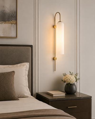 Image of Long Glass Wall Light with Modern Metal Design Gold Finish Light Fixture for Bedroom, Living Room, Home, Bar, Cafe, Hotel, Workspace with 30 cm Long Bulb (Frost White)