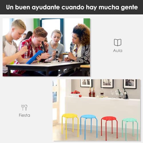 GOPLUS Juego de 6 Taburetes Apilables de Metal, Taburetes Redondons sin Respaldo con Asiento Plástico, Conjunto de Taburetes Portátile para Cocina Comedor Escuela Oficina, 37×37×44 cm (Multicolor) - imagen 5