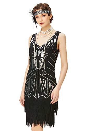 Image of BABEYOND Women's Flapper Dresses 1920s V Neck Beaded Fringed Great Gatsby Dress