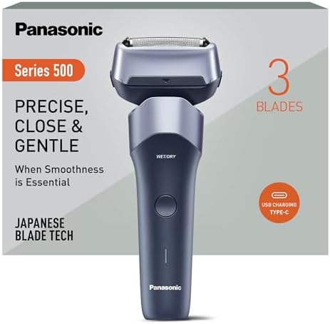 Panasonic Series 500 ES-ERM3FV503 3-Klingen Nass- & Trockenrasierer, wiederaufladbar, japanischer Edelstahl, 10D flexibler Scherkopf, IPX7, USB-C-Ladefunktion, Violett