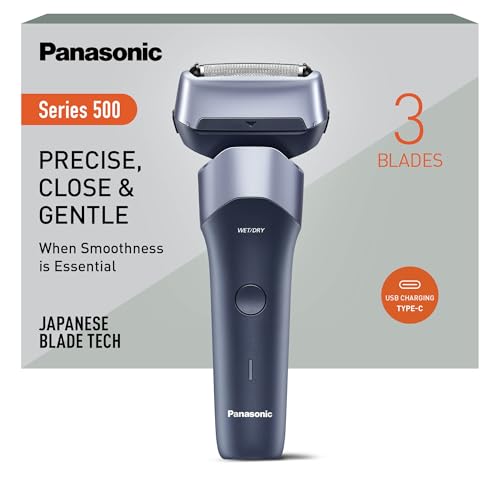Panasonic Series 500 ES-ERM3FV503 3-Klingen Nass- & Trockenrasierer, wiederaufladbar, japanischer Edelstahl, 10D flexibler Scherkopf, IPX7, USB-C-Ladefunktion, Violett