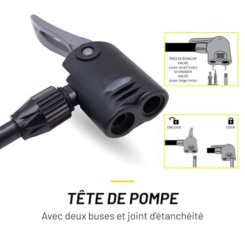 Dunlop Pompe à Vélo avec Double Valve - à Pied pour Vélo avec 2 adapteurs - avec Manomètre - pour Valve Dunlop, Presta et Schrader - 12Bar/ 180 PSI - Plastique - Noir
