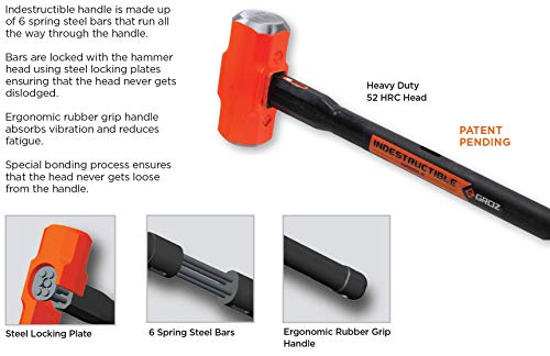 GROZ Heavy Duty 8lb Sledge Hammer with 12-Inch Indestructible Handle | Hard Face Steel Head 52 HRC | Steel Locking Plate | Hi-Visibility Head | Vulcanized Rubber Handle (34522)