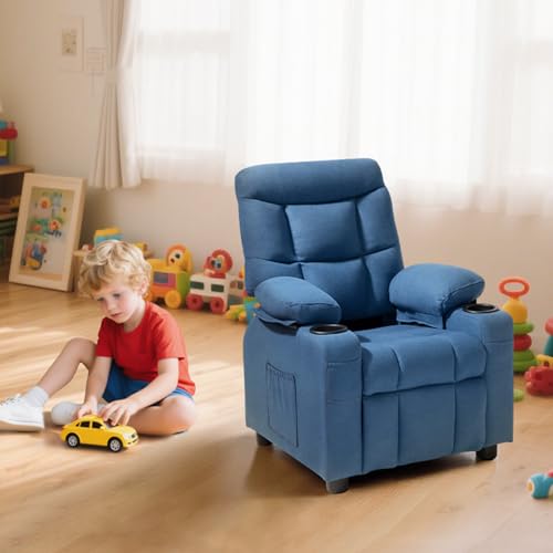 Image of VEVOR Kids Recliner Chair, Toddler Lounger with Cup Holders & Pockets, 107 to 126 Adjustable Back, Breathable Polyester Upholstery Reclining Sofa with Foot-Rest, for Boys and Girls, Children (Blue)