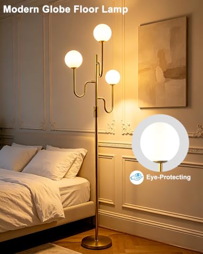 Image of Lightdot 68IN Globe Gold Floor Lamp Dimmable Floor Lamps with 3000K Soft Warm White for Wedding /Party, 3-Arm Mid Century Modern Standing Tall Lamp for Living Room /Bedroom /Sofa Beside /Corner Decor