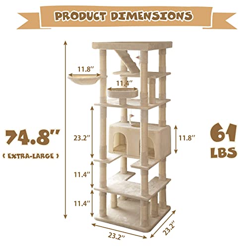 Mwpo 74.8 Inches Large Cat Tree With Sisal-Covered Scratching Posts & Condo, Tall Cat Tower Entertainment Playground Furniture For Cats & Kittens - Multiple Colors-Beige #TOP5