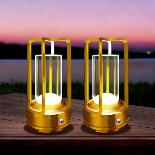 Set of 2 Cordless Table Lamps LED Rechargeable Table Lamp with 3 Color Stepless Dimmable Outdoor Table lamp for Patio/ Camping Indoord Desk Lamp for Bar/ Coffee/ Home (Gold 2 Pcs)