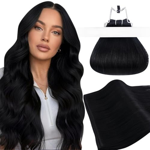 Ugeat Extension Cheveux Humain Tissage Noir 45cm 105g Extension de Cheveux Naturel Tissage Noir #1 Double Trame
