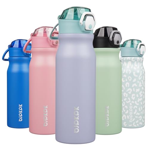 Image of BJPKPK 25 oz Insulated Water Bottle, Straw, Handle, Stainless Steel Flask | Leak Proof Locking Lid, Thermal, Double Wall Vacuum, Keeps Hot /Cold, BPA Free, Dishwasher Safe, Travel & Sports, Modern Blue