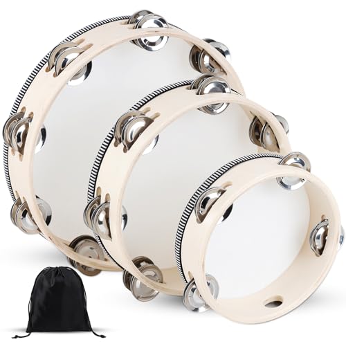 Wooden Hand Held Percussion Tambourine with Storage Bag - 6+8+10 Inches, Ideal for Church, Wedding, Party, Dance, Photo Shoot