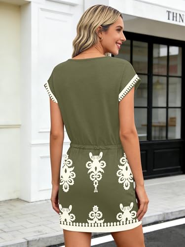 Image of SAUKOLE Women Summer T Shirt Dress Casual Short Sleeve V Neck Dress with Pockets Drawstring Waist Short Dresses