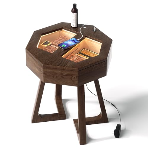 Woodronic Cigar Side Table with Light, Type-C & A Fast Charging Ports, Cigars Storage Drawers & Accessory Drawer, Humidifiers & Digital Hygrometer, Octagon End Table for Living Room, Solid Wood