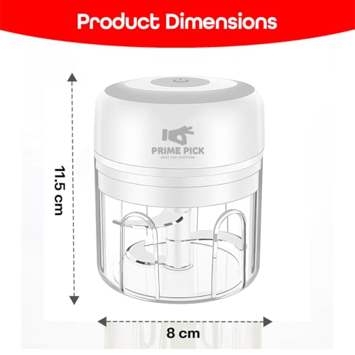 Image of Prime Pick Quick Chop Mini Electric Chopper Rechargeable Food Chopper Stainless Steel Blade One Touch Operation for Garlic Ginger Onion Vegetable Meat Nuts White 250 ml 45 Watt