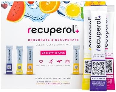 Recuperol - Rehydration Electrolyte Sachets - Variety 12 Pack - 6 Natural Flavours for Recovery - Hydration Powder with Zinc, Vitamin C, B12, D3 & Potassium - Sugar Free, Vegan & Low Calorie