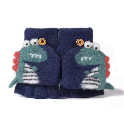 Kids Boys Girls Dinosaur Flip Top Gloves with Mitten Cover Knitted Winter Fingerless Toddler Convertible Mittens