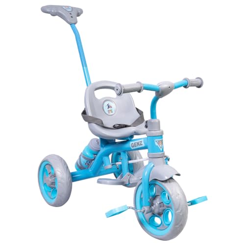 BeyBee GenZ Secure Baby Tricycle with Seat Belt, Water Bottle, Parent-Push Handle| Kids Tricycle (Blue)