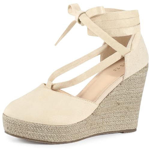 Perphy Platform Espadrille Sandal Lace Up Closed Toe Summer Wedge Sandals for Women Beige 5 UK/Label Size 7 US