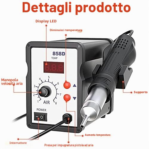 858D Stazione di saldatura ad aria calda, saldatore ad aria calda, display digitale 100-480°C, 700W, 4 ugelli per BGA, SOIC, CHIP, QFP, PLCC
